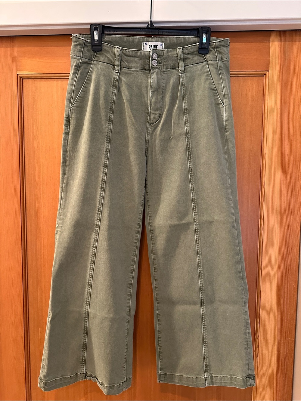 PAIGE Olive Green High-Rise Wide Leg Pants with Front Seams